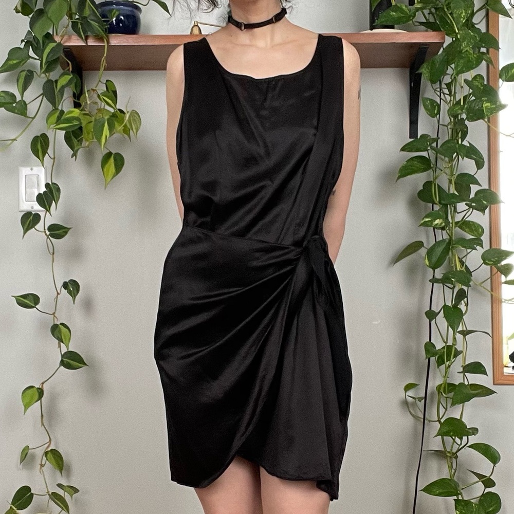 Vintage Black Silky Wrap Cocktail Dress - M